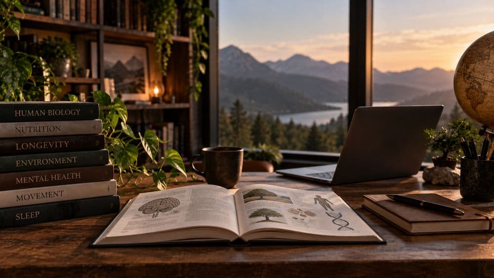 Een houten bureau met een stapel boeken over onder meer menselijke biologie, voeding, longevity en slaap, een opengeslagen boek met tekeningen van een brein, een boom en een DNA-streng, en daarachter een raam met bergen bij zonsondergang
