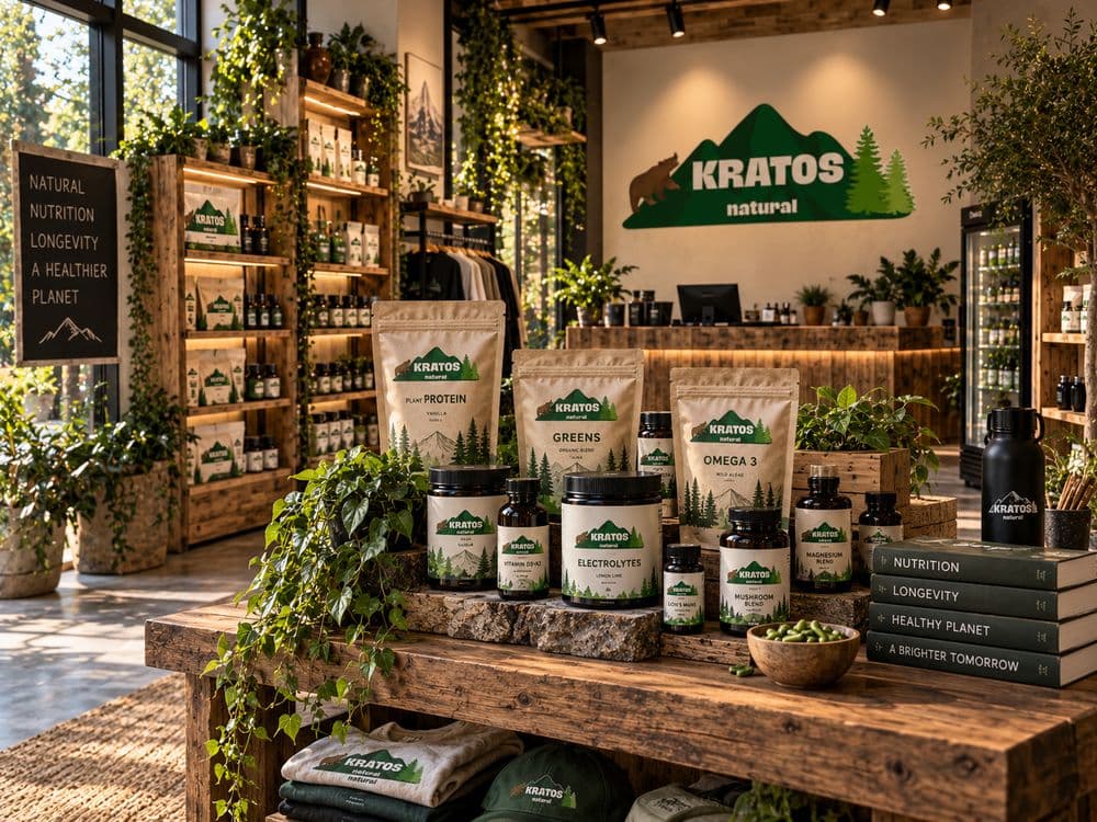 De winkel van binnen, met het logo op de muur en schappen vol potten en flesjes, en op een houten tafel zakken plantaardige eiwitten, greens en omega 3 naast potten elektrolyten, vitamine D3 met K2 en magnesium